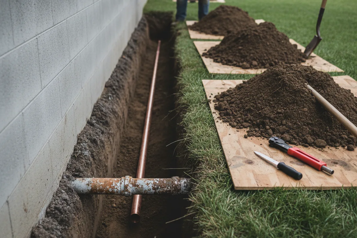 Excavated water line trench during Water Heater Repair in Oley